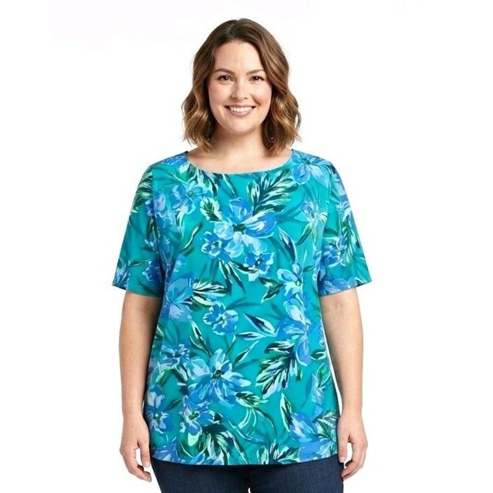 Cebarerre Womens Top 2X Blue Green Floral Round Neck Pullover Short Slv Career